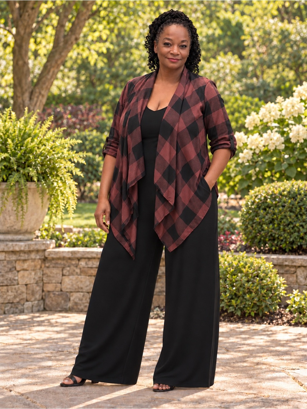 Knox Rose Plaid Asymmetrical Draped Frayed Hem Open-Front Top L
